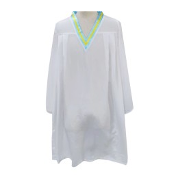 Made-to-order graduation gowns in white for middle schools with contrasting blue and yellow collars Maryknoll Seminary School Middle School DA369 Made-to-order graduation gowns in white for middle schools with contrasting blue and yellow collars Maryknoll Seminary School Middle School DA369